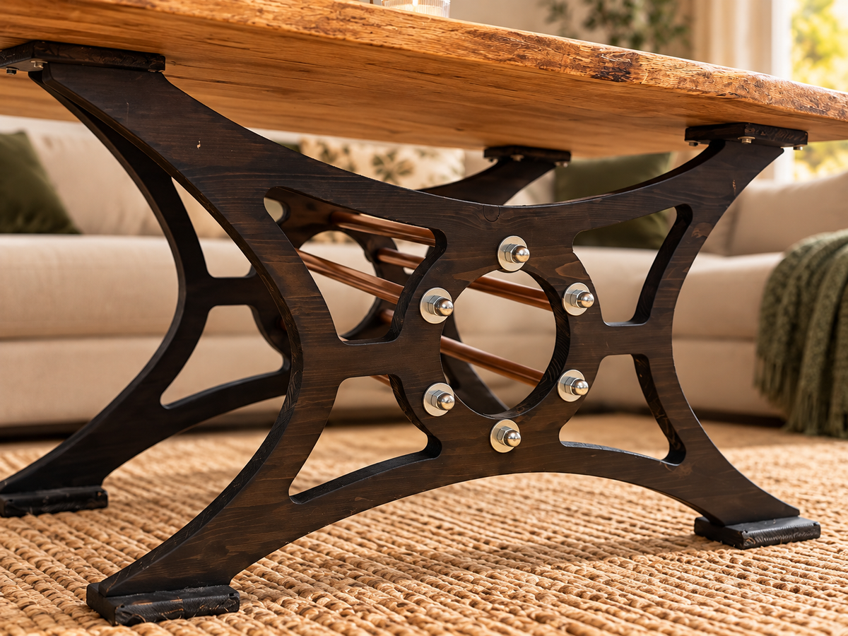 Couchtisch aus Massivholz mit modernem Designer-Gestell, handgefertigter Wohnzimmertisch im Industrial-Look aus Echtholz, Unikat von HLZ-Werkstatt aus der Oberlausitz.