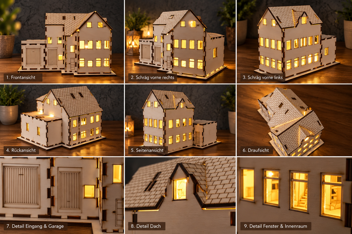 Hausmodell nach Foto – personalisiertes Wunschhaus optional mit Beleuchtung & Stern