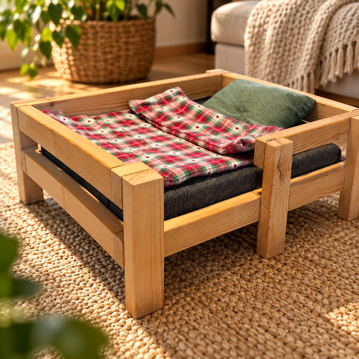 1. Katzenbett aus Holz mit weicher Liegefläche, Decke und Kissen als Beispiel für einen gemütlichen Katzenschlafplatz