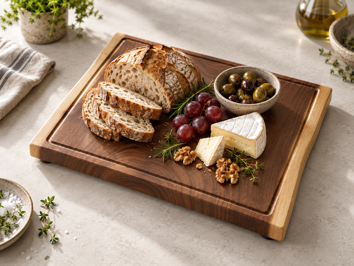 Schneidebrett aus Nussbaum mit Saftrinne und kleinen Füßen, dekoriert mit Brot, Käse, Trauben und Oliven