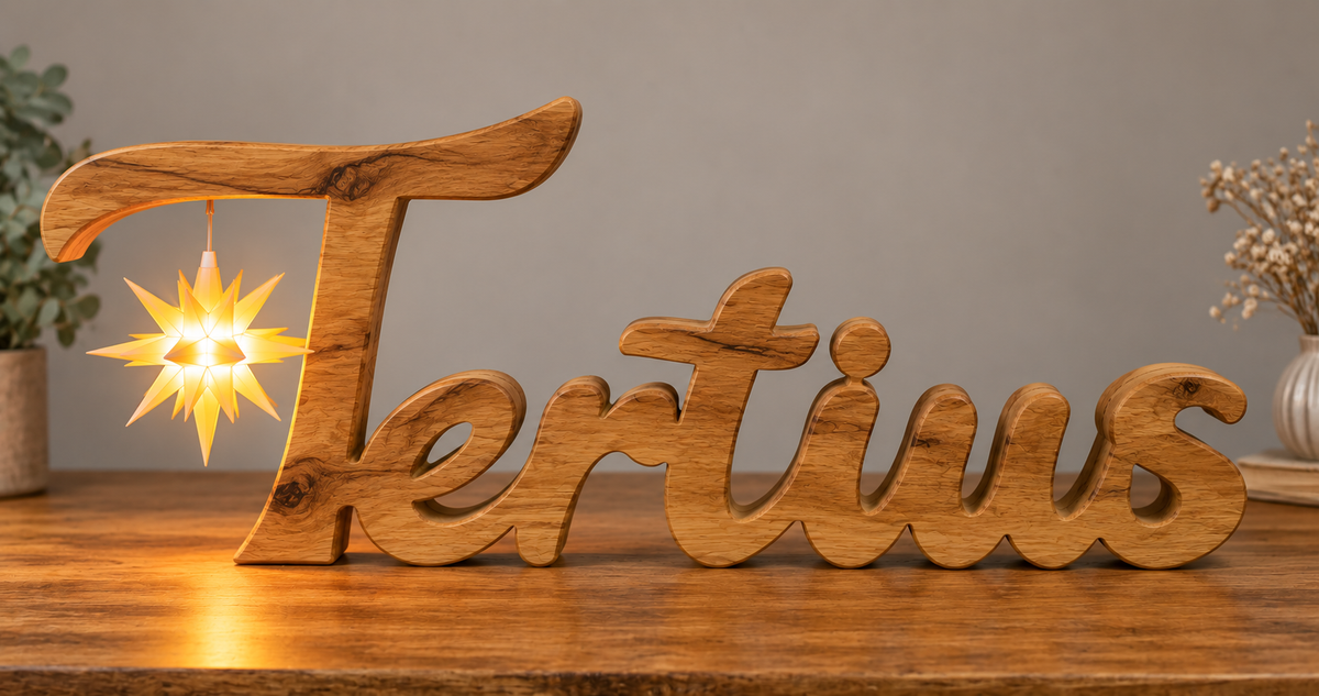 1. Personalisierter Holz-Schriftzug „Tertius“ aus Holz mit integriertem Leuchtstern und natürlicher Holzmaserung