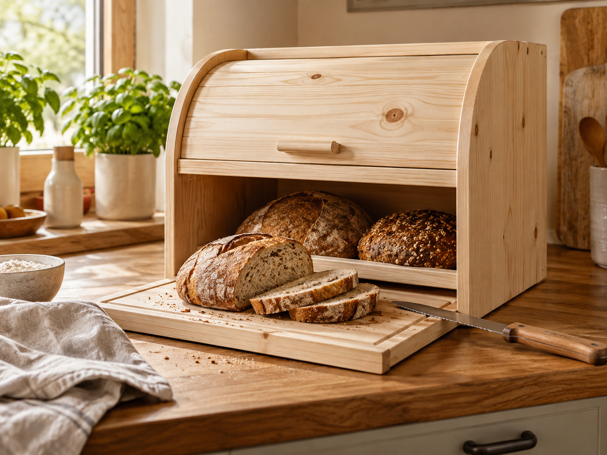 Handgefertigter Brotkasten aus Holz mit integriertem Schneidebrett und frischem Brot in warmer Küchenumgebung