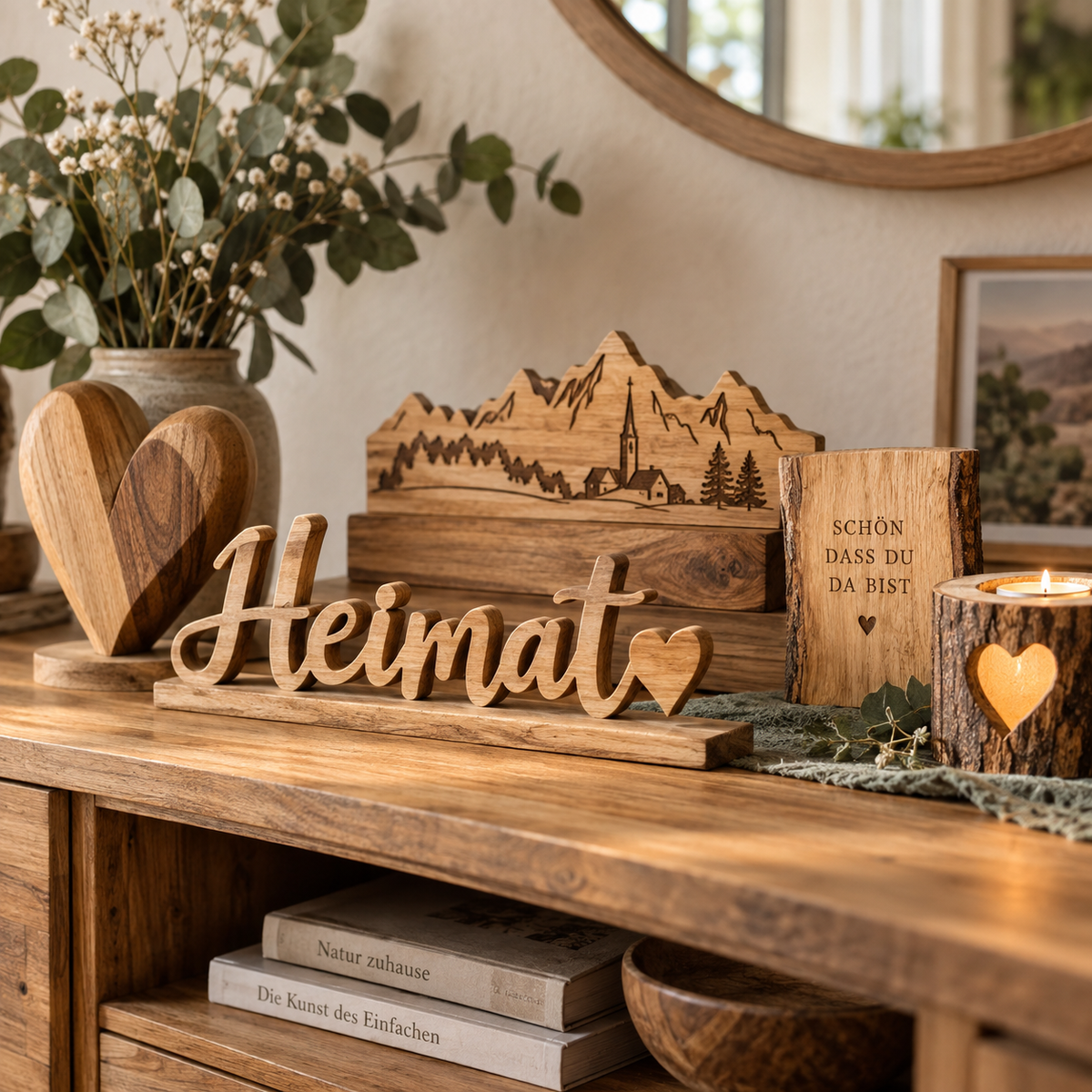 Handgemachte Holzdeko und Unikate von HLZ-Werkstatt mit Heimat-Schriftzug in gemütlichem Wohnambiente