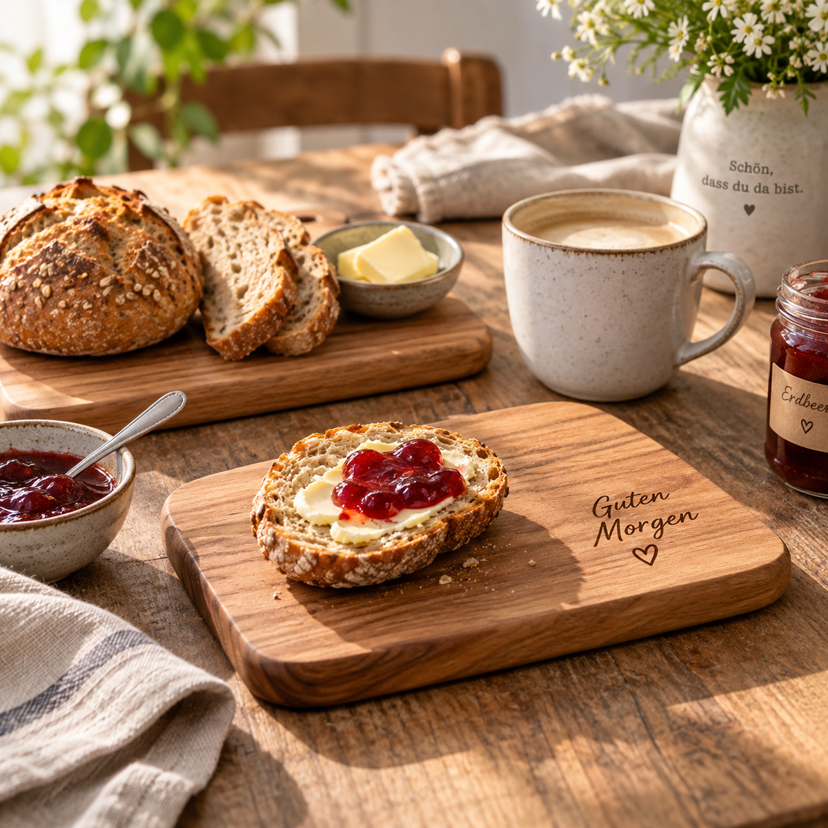 Handgemachte Frühstücksbrettchen aus Holz auf einem einfach gedeckten Tisch, teilweise mit Gravur, von HLZ-Werkstatt.