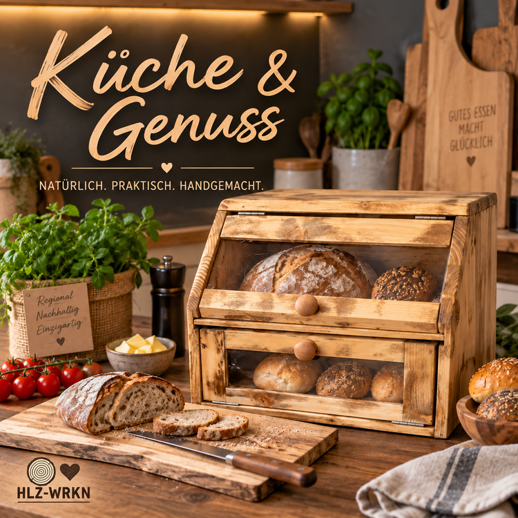 Handgemachte Holzprodukte für Küche und Genuss mit Brotkasten, Schneidebrett und HLZ-WRKN Logo