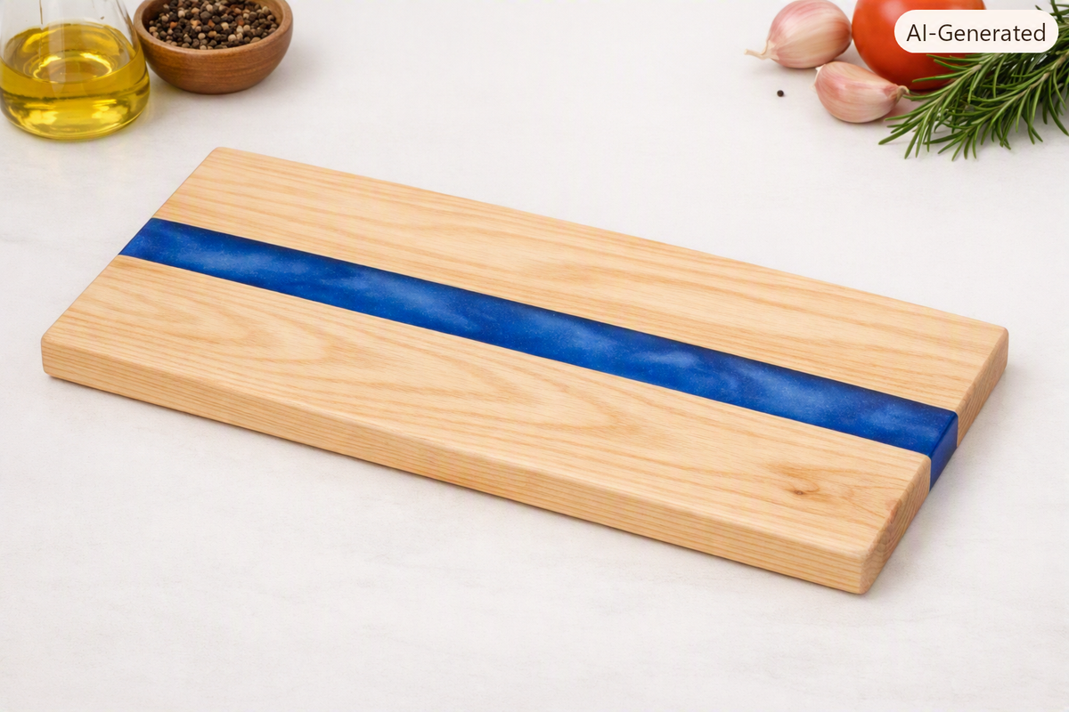 Schneidebrett mit Epoxidharz aus Hartholz mit blauem Epoxidharz-Streifen und natürlicher Holzmaserung