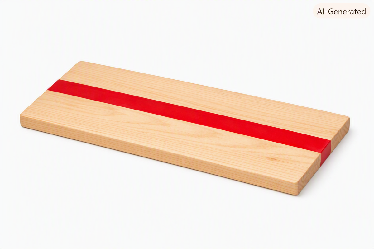 Schneidebrett mit Epoxidharz in hellem Holz mit rotem Epoxidharzkern, handgefertigt und praktisch.