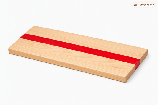 Schneidebrett mit Epoxidharz in hellem Holz mit rotem Epoxidharzkern, handgefertigt und praktisch.