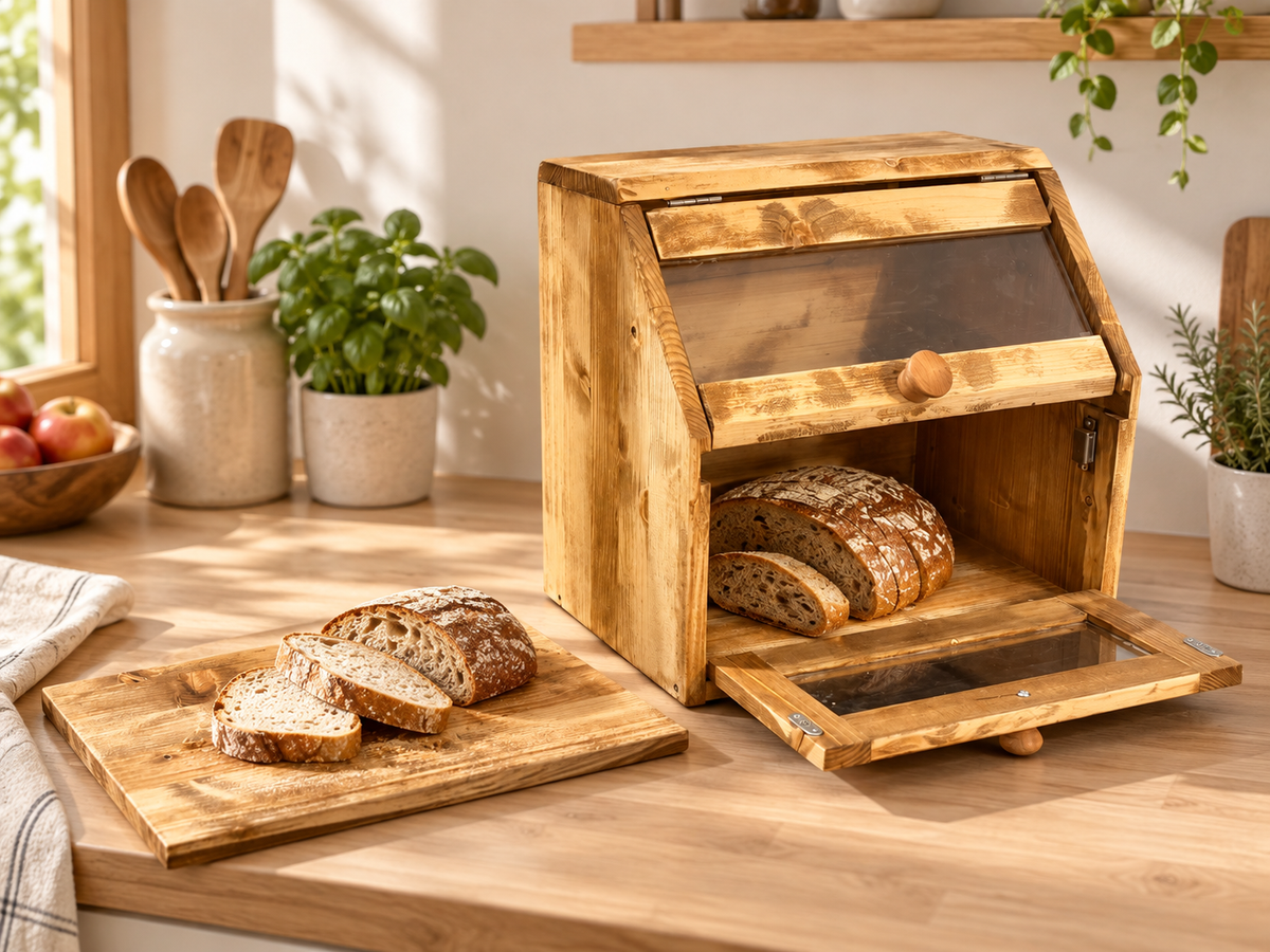 Handgefertigter Brotkasten aus Fichtenholz mit Sichtfenster, Brotaufsatz und natürlicher Holzoptik, nachhaltige Brotaufbewahrung für frisches Brot von HLZ-Werkstatt aus der Oberlausitz.