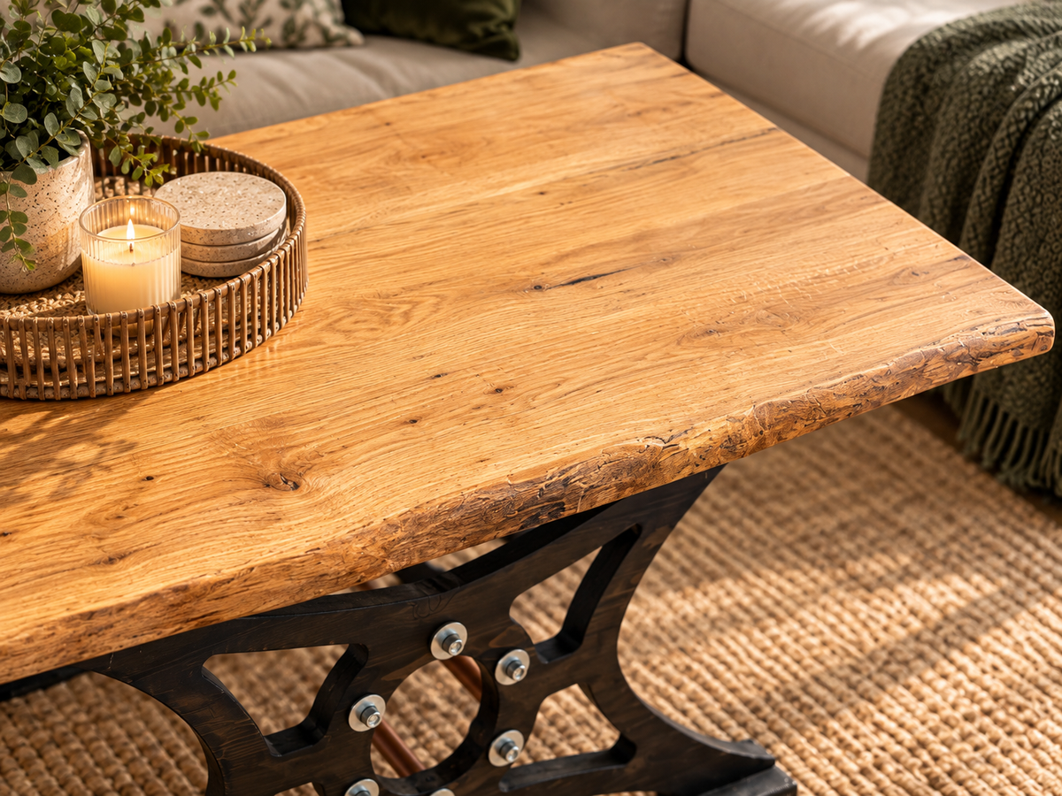 Couchtisch aus Massivholz – Detailaufnahme der Eichenholzplatte mit natürlicher Maserung, Aststellen und Baumkante