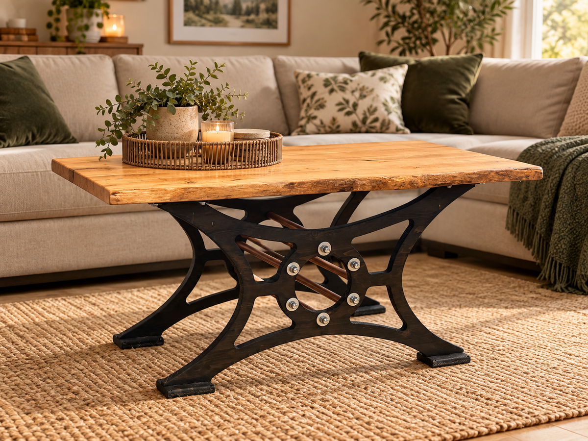 Couchtisch aus Massivholz aus Eiche mit natürlicher Baumkante und dunklem Industrial-Gestell im Wohnambiente