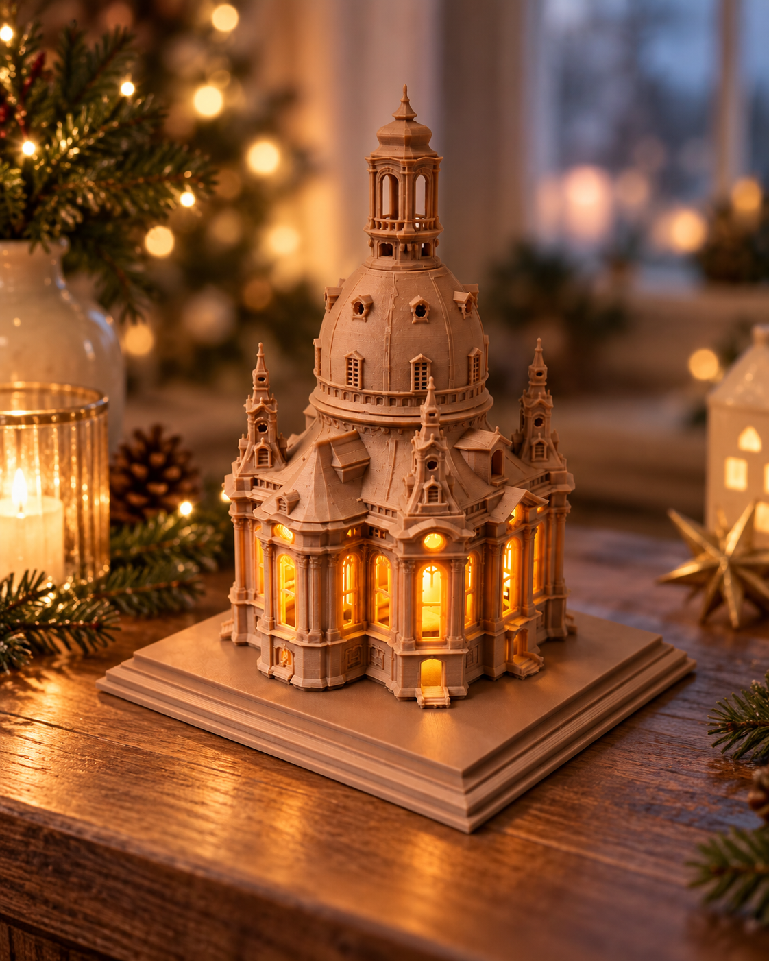 Dresdner Frauenkirche beleuchtet in gemütlichem Ambiente mit warmer Lichtwirkung