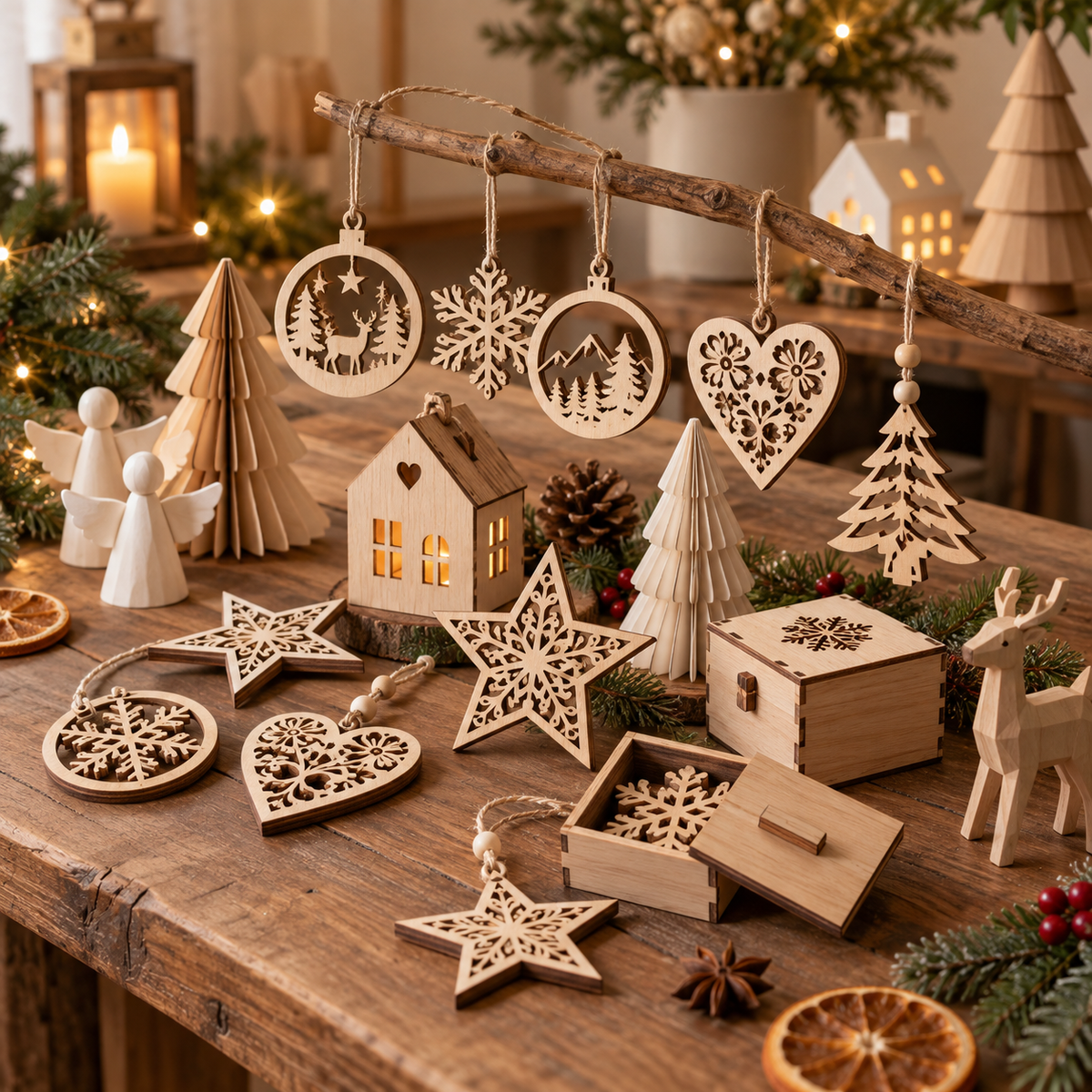 Handgefertigte Weihnachtsdeko aus Holz von HLZ-Werkstatt mit Anhängern, Sternen, Schneeflocken, Tannenbäumen, Holzhaus und dekorativer Geschenkbox.