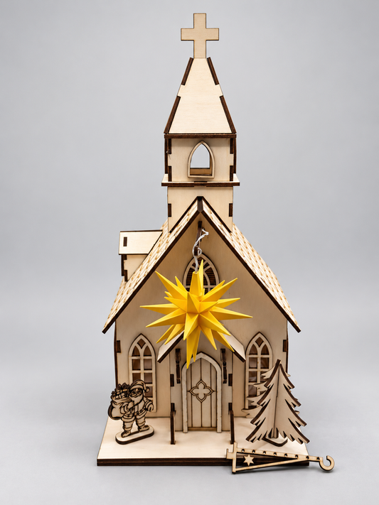 Holzkirche mit Herrnhuter Stern – Vorderansicht der handgefertigten Weihnachtsdekoration aus Holz
