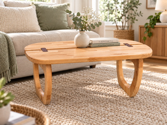 Couchtisch aus Esche und Eiche mit geschwungenen Holzbeinen im hellen modernen Wohnambiente