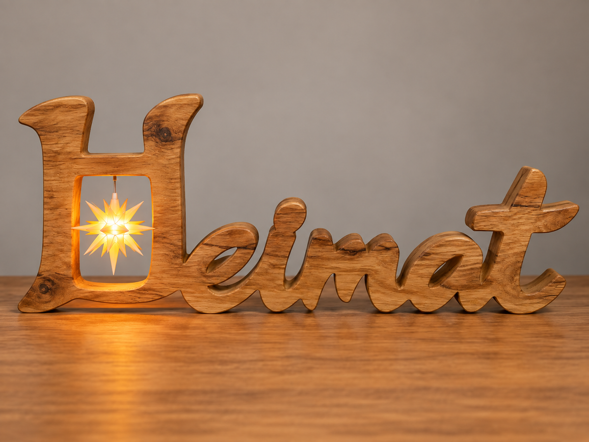 Personalisierter Holz-Schriftzug „Heimat“ aus Holz mit Original Herrnhuter Stern® als regionale Dekoration