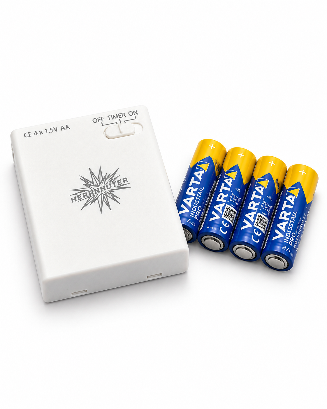 1. Dresdner Frauenkirche mit Herrnhuter Stern – Zubehör: weiße Batteriebox mit vier AA-Batterien für die Stromversorgung