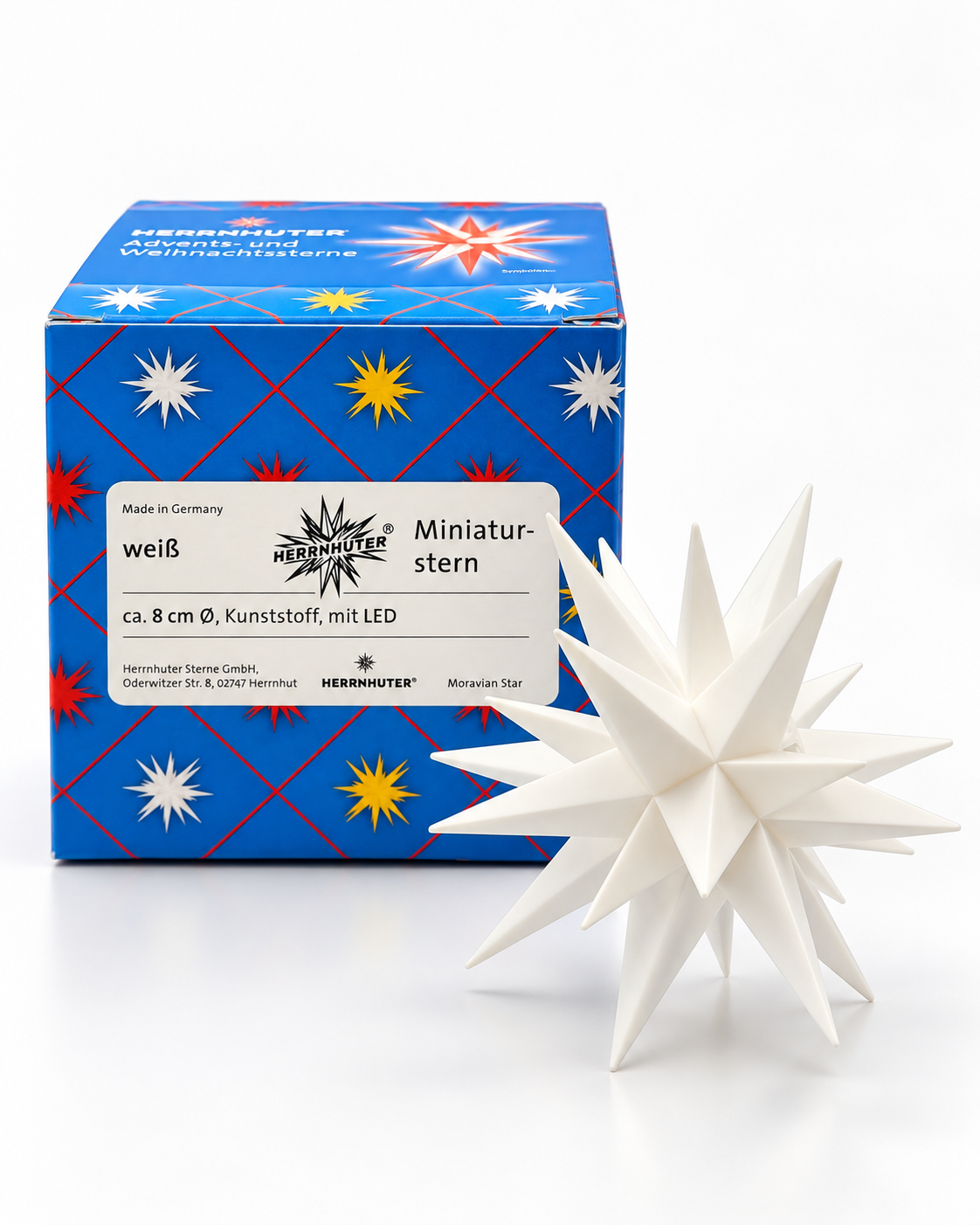 Dresdner Frauenkirche mit Herrnhuter Stern – Zubehör: weißer Original Herrnhuter Miniaturstern® mit Originalverpackung
