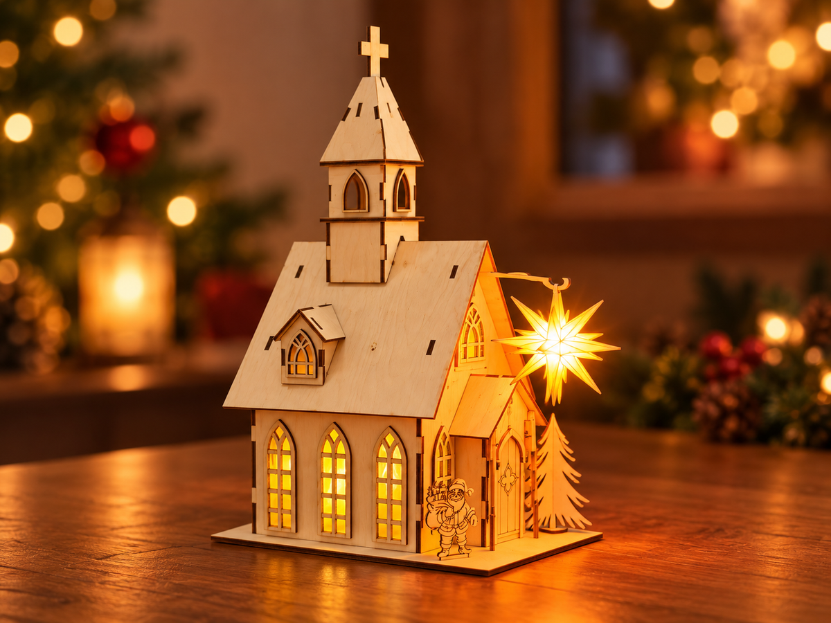 Holzkirche mit Herrnhuter Stern – beleuchtete Vorderansicht mit filigranen Kirchenfenstern