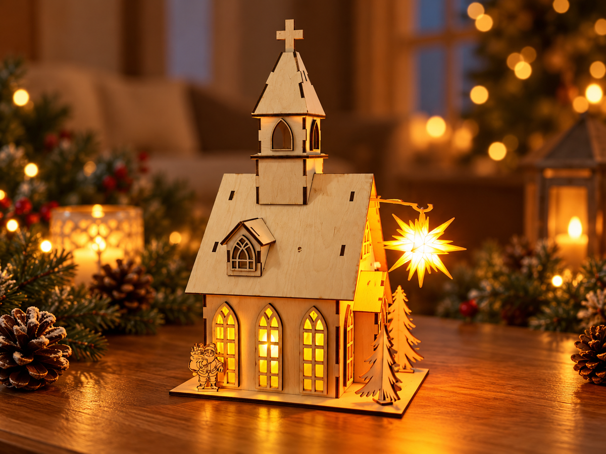 Holzkirche mit Herrnhuter Stern – festliche Weihnachtsdekoration mit warm beleuchteten Fenstern