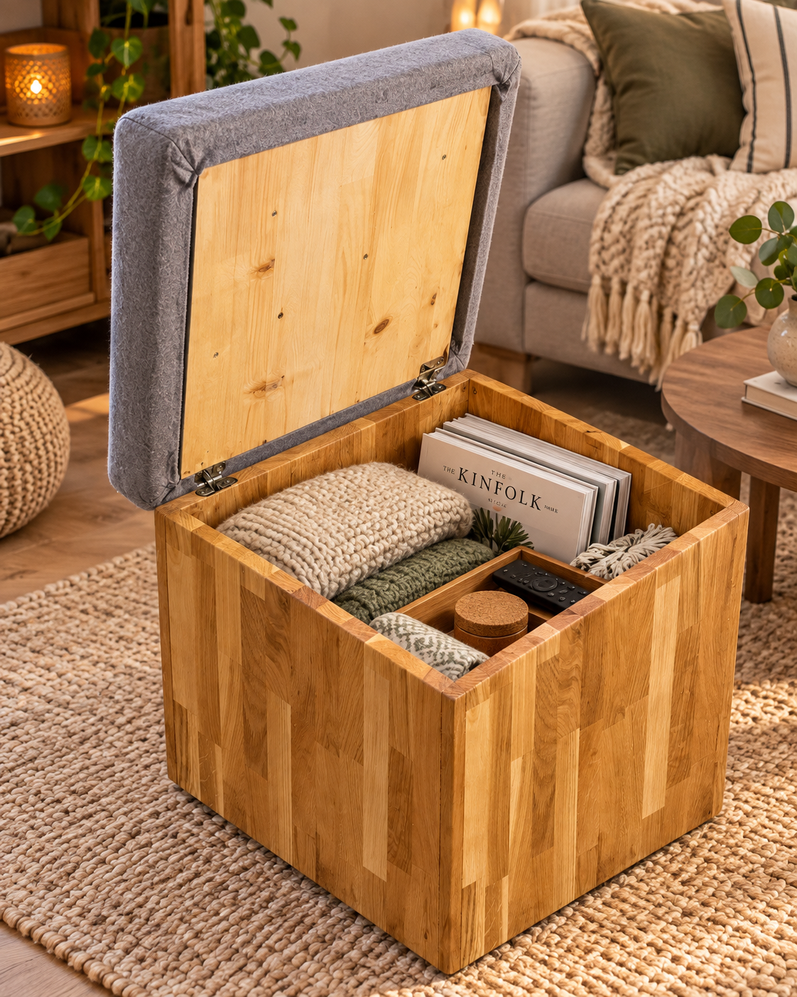Hocker mit Stauraum aus Eichenholz mit geöffnetem gepolstertem Deckel und großem Innenfach