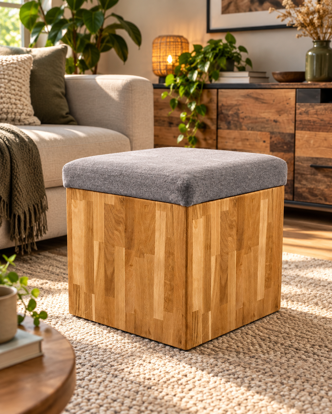 Hocker mit Stauraum aus Eichenholz mit grauem Sitzpolster im hellen Wohnambiente