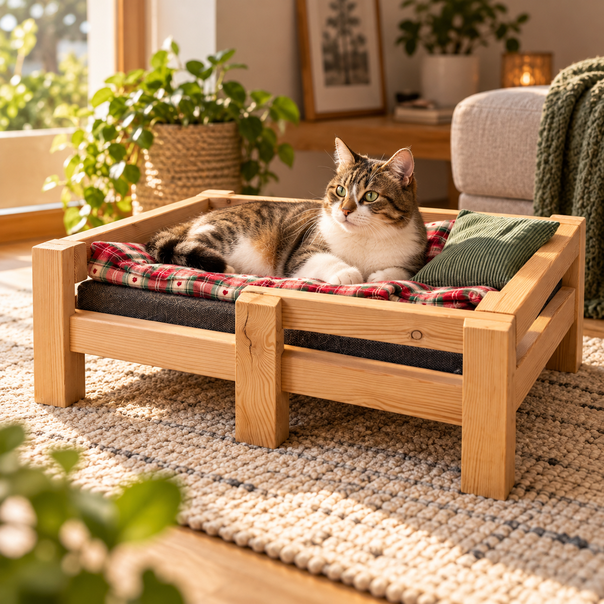 Katzenbett aus Holz mit Katze, gepolsterter Liegefläche und erhöhtem Rahmen – handgefertigt aus Lärchenholz