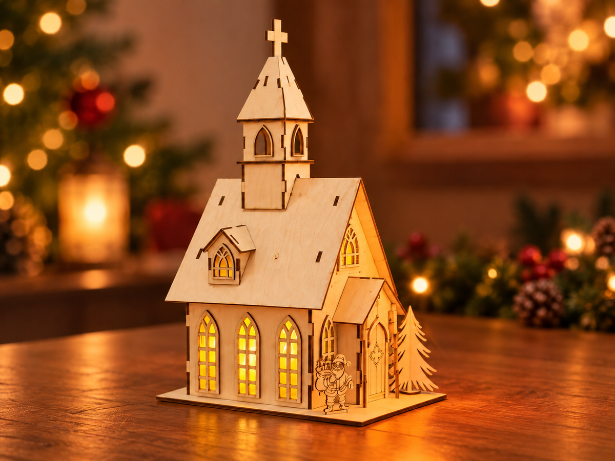 Holzkirche Bastelset zum Selberbauen aus Holz in weihnachtlicher Umgebung – aufgebautes Modell von HLZ-Werkstatt
