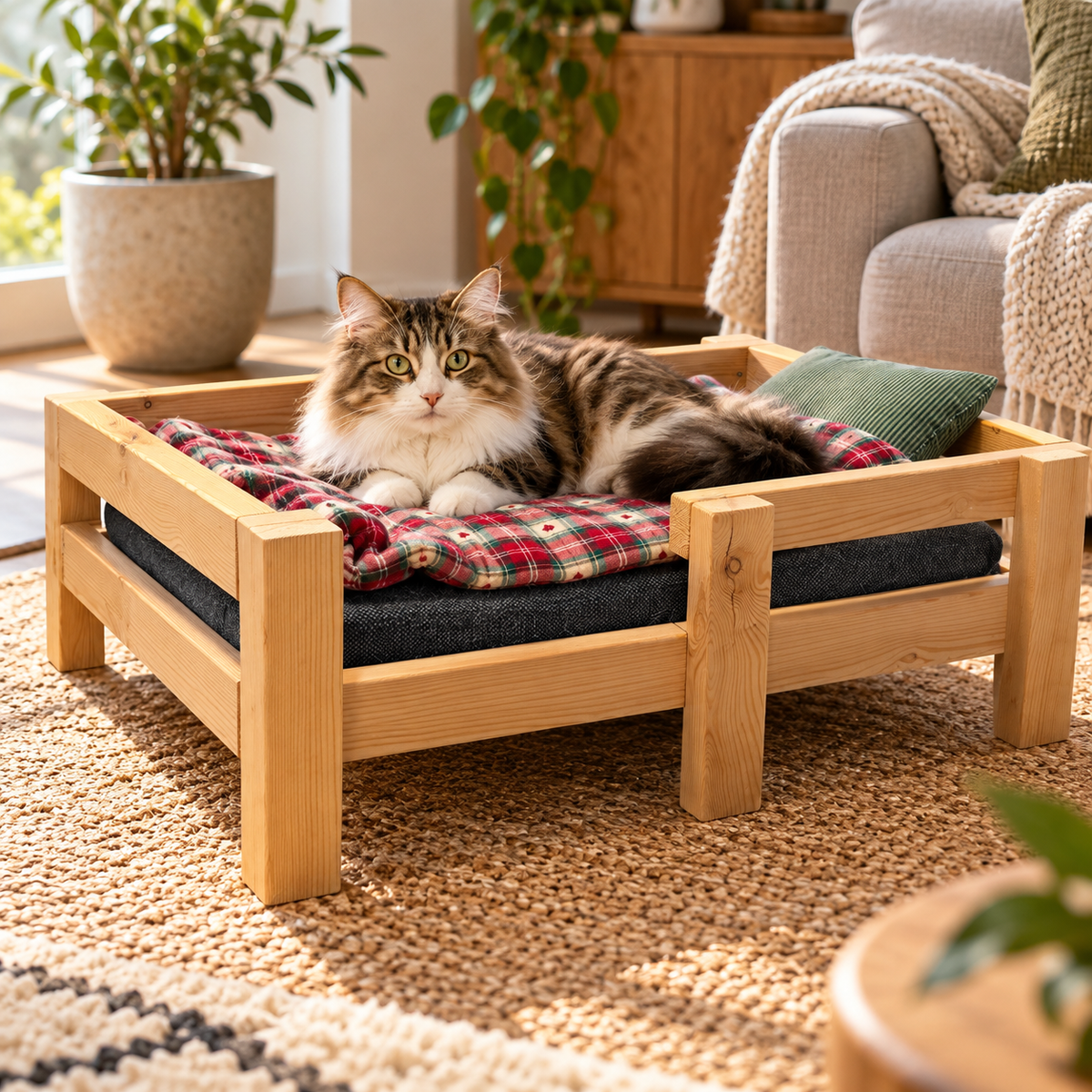 Katzenbett aus Holz 60 × 40 cm mit gemütlicher Liegefläche und Katze im Wohnambiente