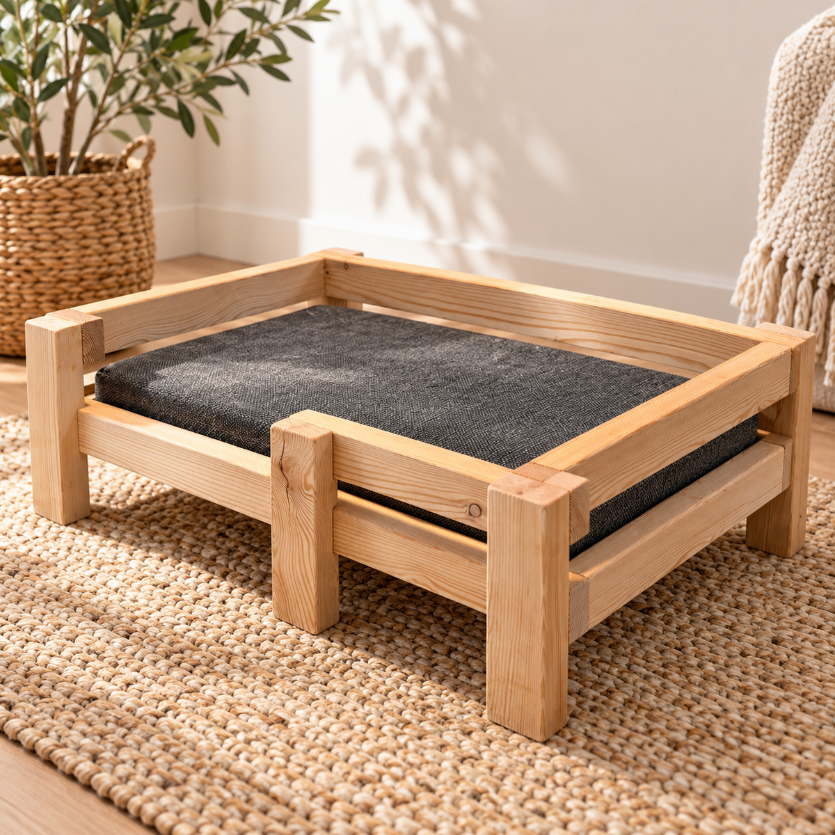 Katzenbett aus Holz 60 × 40 cm mit gepolsterter Liegefläche – handgefertigt aus massivem Lärchenholz