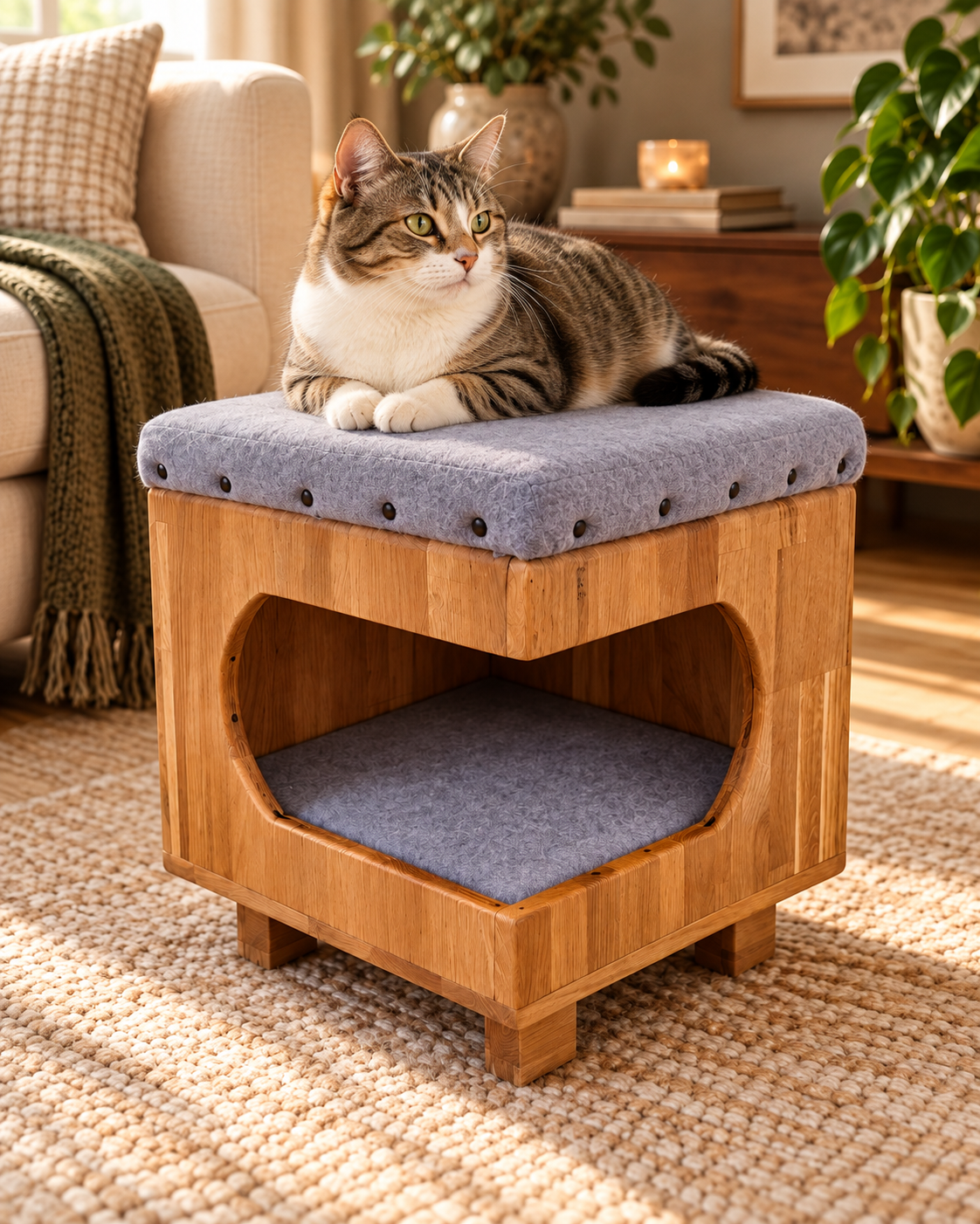 Hocker mit Katzenbett aus Holz mit Katze auf dem gepolsterten Sitzkissen im warmen Wohnambiente