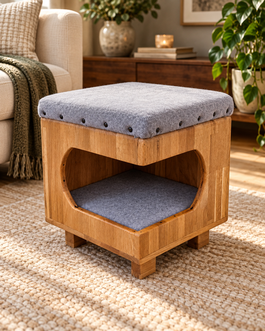 Hocker mit Katzenbett aus Holz mit grauem Sitzkissen und integriertem Schlafplatz im Wohnambiente