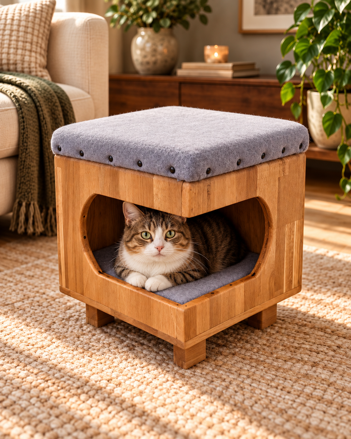 Hocker mit Katzenbett aus Holz mit Katze im geschützten unteren Schlafbereich und grauem Sitzpolster