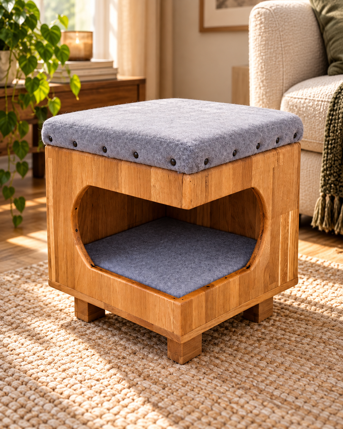 1. Hocker mit Katzenbett aus Holz mit gemütlichem Innenpolster und Katze im unteren Schlafplatz