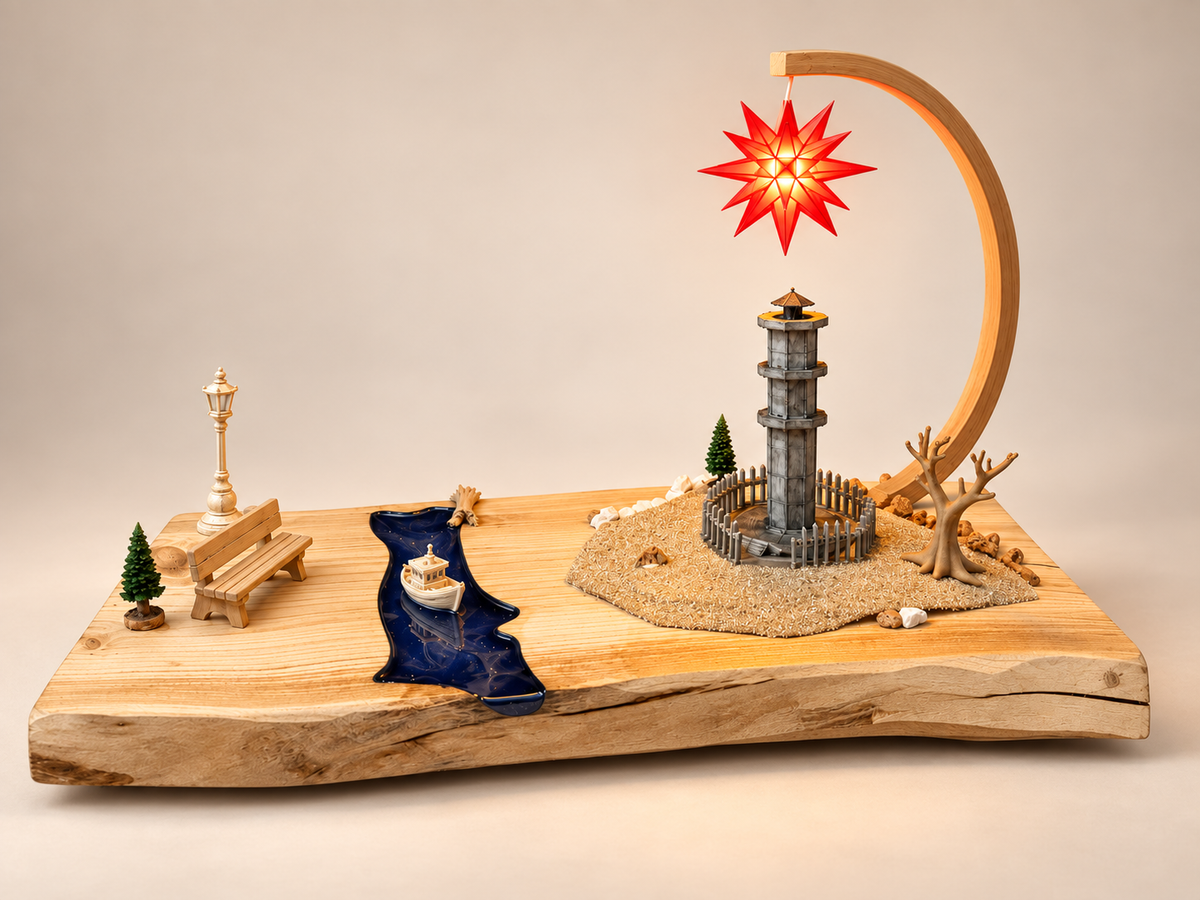 Löbauer Gusseiserner Turm auf Eschenholz mit rotem Original Herrnhuter Stern® als beleuchtetes Dekoobjekt