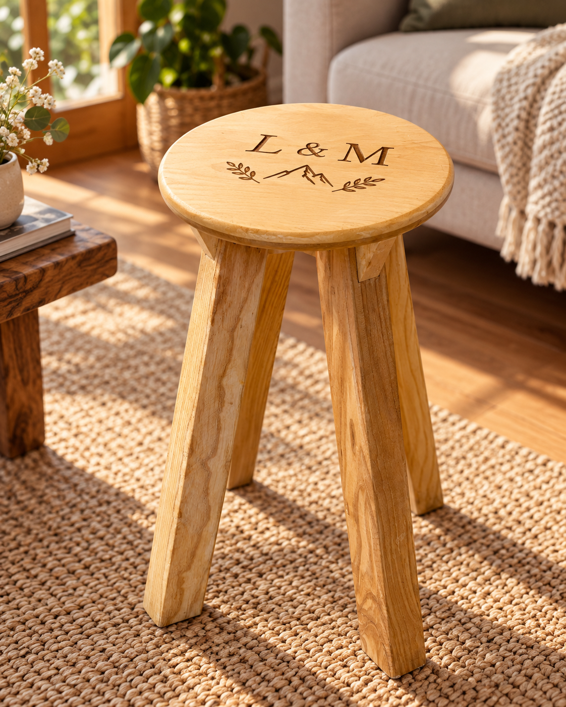 Hocker aus Massivholz mit personalisierten Initialen und individuellem Wunschmotiv auf der Sitzfläche
