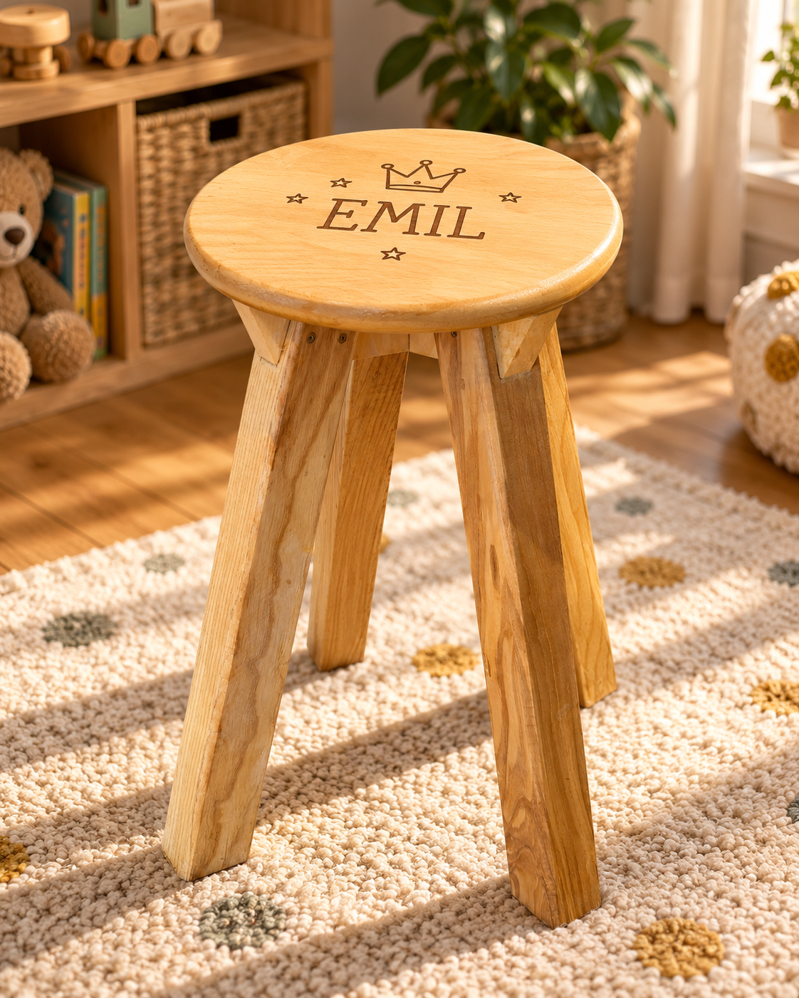 Hocker aus Massivholz personalisiert mit dem Namen Emil und Kronenmotiv auf der runden Sitzfläche
