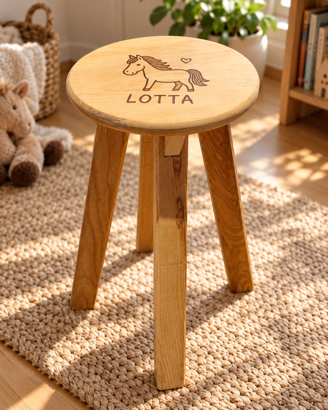 1. Hocker aus Massivholz personalisiert mit dem Namen Lotta und Pferdemotiv auf der Sitzfläche