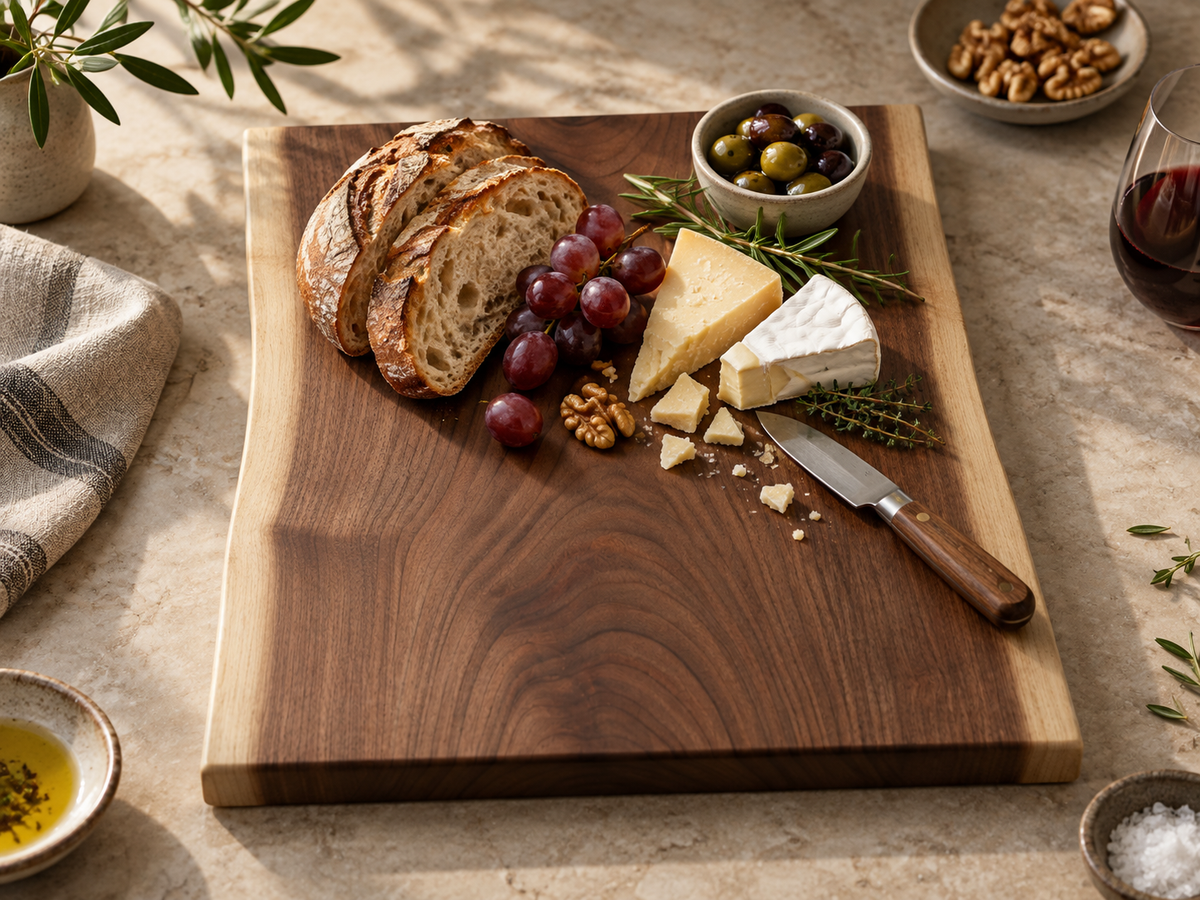 Schneidebrett aus Nussbaum als Servierbrett mit Brot, Käse und Trauben