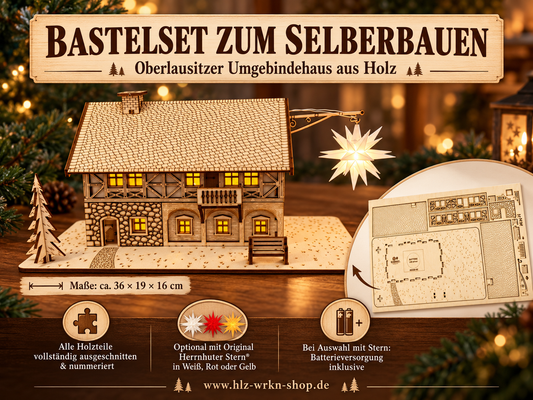 Umgebindehaus Holz Bastelset mit fertigem Haus, Angaben zu Größe und Sternoptionen