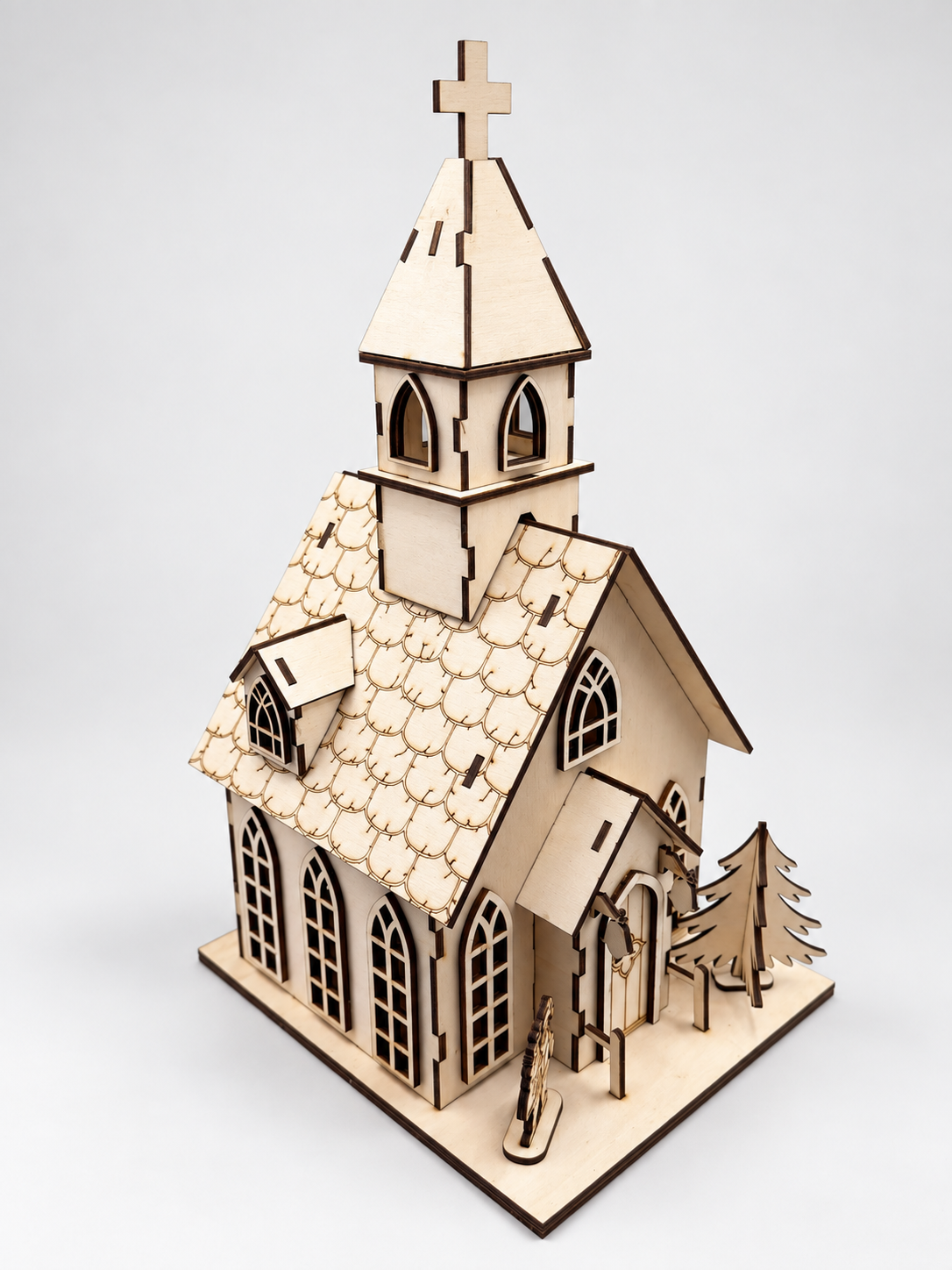 1. Holzkirche Bastelset aus Holz mit Kirchturm, gotischen Fenstern, graviertem Dach und Weihnachtsdekoration